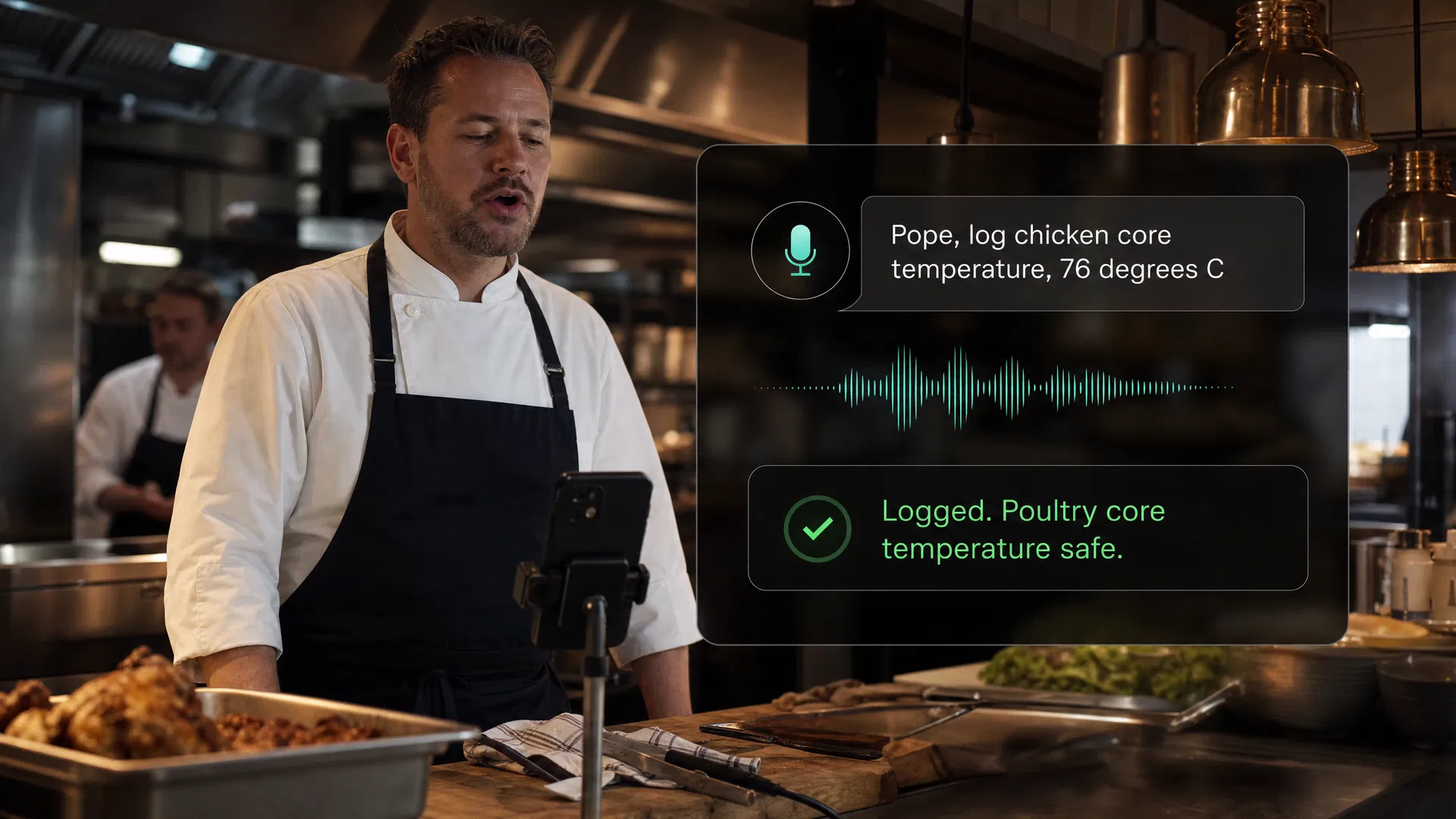 Chef using POPE-AI hands-free voice workflow to log professional kitchen HACCP records.
